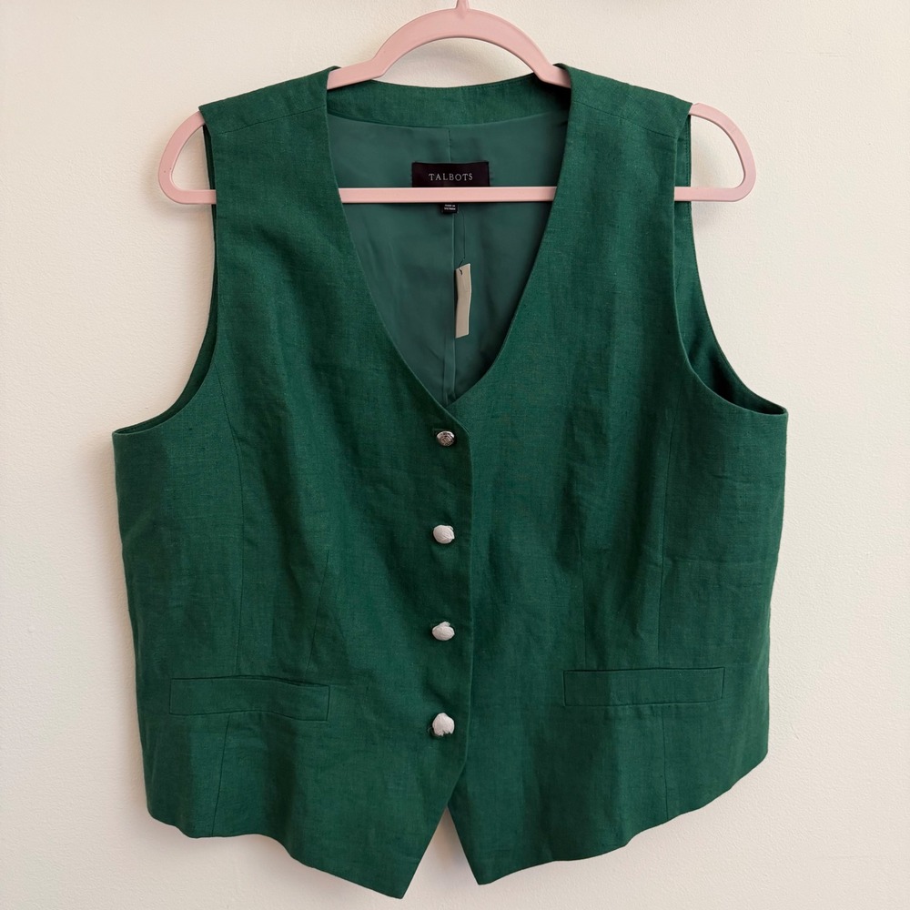 Talbots Heritage Green Linen Blend Button Front Waistcoat Vest Sz 16 Old Money